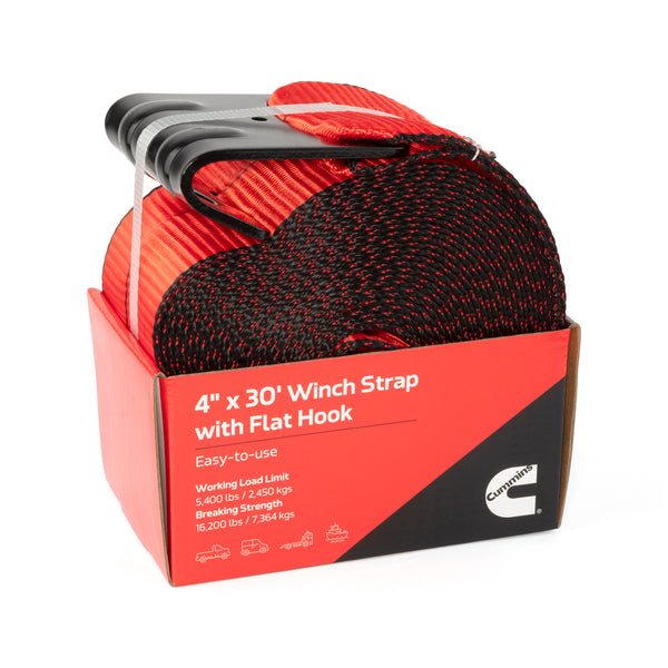 Cummins CS0027 4" X 30' Winch Strap w/ Flat Hook & Single Reflective Stitch