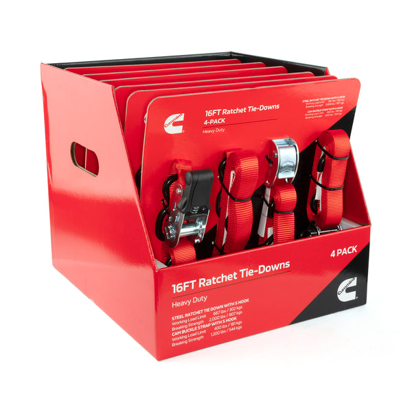 Cummins CS0028 4-Pack 16' Tie Down Set, Incl Steel Rachet & Cam Buckle Straps