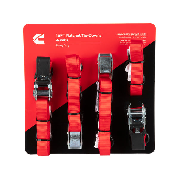 Cummins CS0028 4-Pack 16' Tie Down Set, Incl Steel Rachet & Cam Buckle Straps